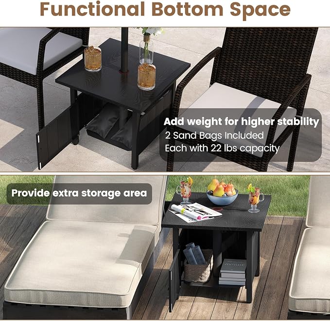 HAPPYGRILL Patio Square Umbrella Table with 2 Weight Bags, Metal Side Table with Umbrella Hole & Adjusting Knobs, for Backyard Poolside Deck (1)