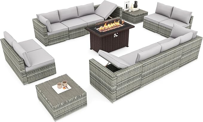 HOMREST 15 Pieces Outdoor Patio Furniture Set with 44" Propane Fire Pit Table, PE Rattan Sectional Sofa Conversation Set w/Adjustable Bracket, Wood Coffee Table for Backyard (Grey)