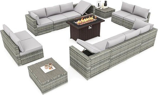 HOMREST 15 Pieces Outdoor Patio Furniture Set with 44" Propane Fire Pit Table, PE Rattan Sectional Sofa Conversation Set w/Adjustable Bracket, Wood Coffee Table for Backyard (Grey)