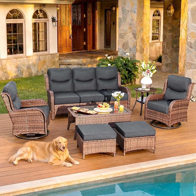 HILLGA Luxury Patio Furniture Set with 6-inch Thick Cushion, Outdoor Couch and High Back Swivel Rocker Patio Chairs, 7PCS Wicker Conversation Set for Deck Yard and Poolside, Dark Grey (V2)