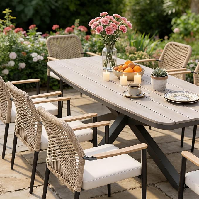 SUNSITT 7 Piece Outdoor Patio Dining Set, Patio Dining Furniture Set with 87” Aluminum Dining Table w/X Base Legs and 6 Woven Wicker Patio Chairs w/WPC Armrests for Garden, Dark Grey