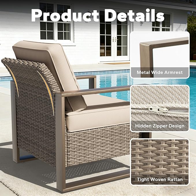 6 Pieces Metal Wicker Patio Furniture Set - 75" Sofa, 2 Armchairs and 2 Ottomans, 1 Coffee Table All Weather Rattan Outdoor Conversation Furniture with Washable Cushion for Deck Porch, Beige