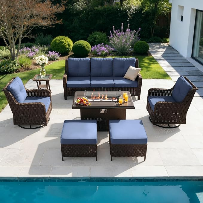 Kullavik 7 Pieces Patio Furniture Set,All-Weather Wicker High Back Outdoor Swivel Rocker Patio Chairs with Fire Pit Table & Thick Cushions,Paito Conversation Set for Porch,Deck,NavyBlue