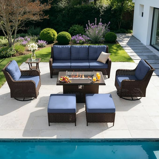 Kullavik 7 Pieces Patio Furniture Set,All-Weather Wicker High Back Outdoor Swivel Rocker Patio Chairs with Fire Pit Table & Thick Cushions,Paito Conversation Set for Porch,Deck,NavyBlue