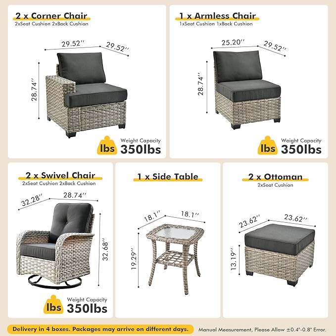 8 Pcs Outdoor Sectional Patio Furniture Set with Swivel Rocking Chair and Ottomans - All Weather Wicker Outside Sectional Couch,Patio Seating Outdoor Conversation Sets for Deck Yard Garden,Black