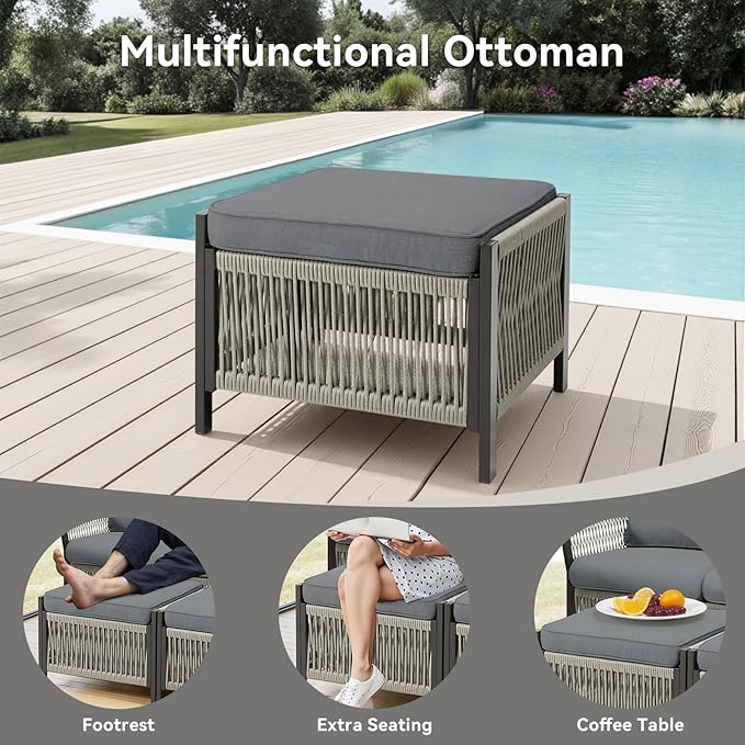 9 Piece Wicker Outdoor Furniture Set, Outdoor Swivel Rocker Chairs Set of 4 with Glass Side Tables Set of 2, Ottomans and Rattan Sofa, Patio Conversation Set for Deck Backyard Poolside (Grey)