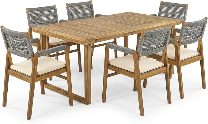Christopher Knight Home Terry Acacia Wood Patio Dining Set for 6, Solid Wood Outdoor Dining Table Set for 6, 7 Piece Outdoor Dining Set with Rectangular Table and Woven Rope Accents, Teak+Beige+Grey