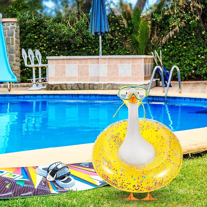 Aliceset 2 Pcs Summer Porch Goose Outfits Hawaiian Pool Goose Cloth Costume Swimsuit with Swim Ring Sunglasses, Fits 23'' Lawn Statue for Patio Yard Garden Outdoor Decor(Glitter Style)