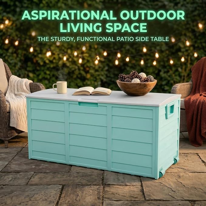 75 Gallon Outdoor Storage Deck Box, Weatherproof Resin Garden Storage Bin with Wheels and Handles, Lockable Toy Chest & Patio Cushion Box for Yard and Pool, Mint Green