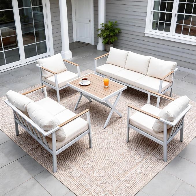 Aluminum Patio Sectional Furniture Set,5 piece Patio Conversation Sets Outdoor Patio Furniture Set Sofa with Coffee Table & Washable Cushions White