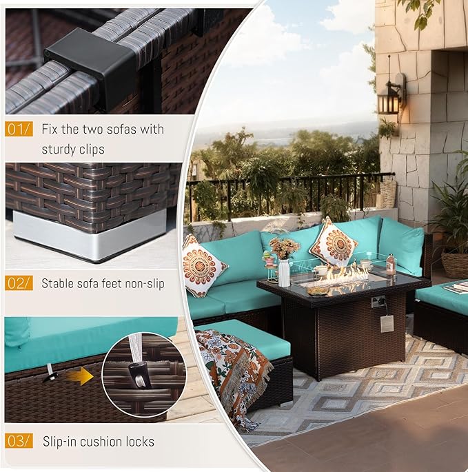 BULEXYARD 7-Piece Outdoor Patio Furniture Set with Propane/Natural Gas Fire Pit Table, High-Back Large Size Outside Sectional Couch Sofa, Comfy Wide Deep Seats for Yard, Brown Rattan & Teal Cushion