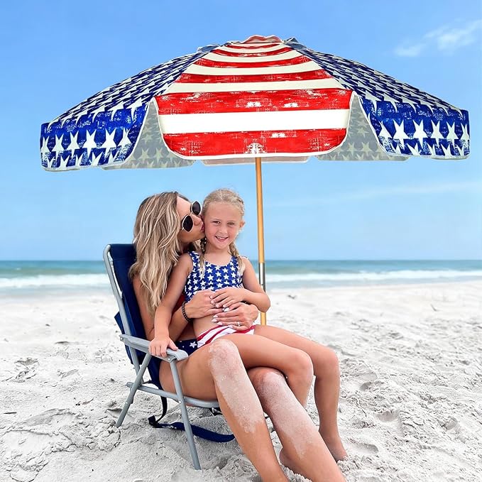 AMMSUN 7.5ft Heavy Duty HIGH Wind Beach Umbrella Commercial Grade Patio Beach Umbrella with Air Vent Ash Wood Pole & Carry Bag UPF 50+ Protection American flag