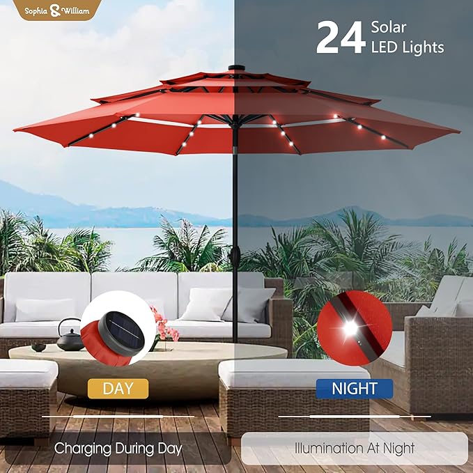 Sophia & William 10ft Patio Umbrellas 3-Tier Umbrella Outdoor Patio Umbrellas with Lights Vented Top 24 LED lights Adjustable Tilt for Pool Garden Backyard, Red