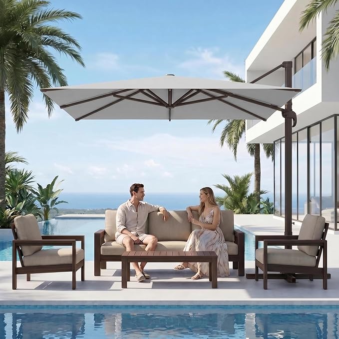 Kingdura 9' X 9' Cantilever Patio Umbrella with Base Included, Large Square Outdoor Offset Umbrella with 360-degree Rotation, 4 Position Tilt, UV Protection for Pool Deck Garden Patio (Light grey)