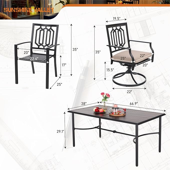 SUNSHINE VALLEY 7 Piece Patio Dining Set for 6, 67x38 Wood-Like Metal Table with Umbrella Hole and 6 Pcs Rust-Proof Stackable Chairs, Outdoor Table and Chairs Set for Backyard Garden Deck (Style 5)