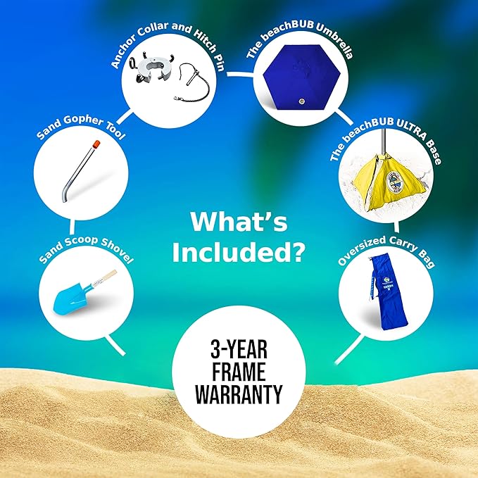 BEACHBUB ALL-IN-ONE BEACH UMBRELLA SYSTEM. Includes ULTRA Base (compliant with the ASTM F3681-24 Beach Umbrella Safety Standard). (Deep Ocean Blue)