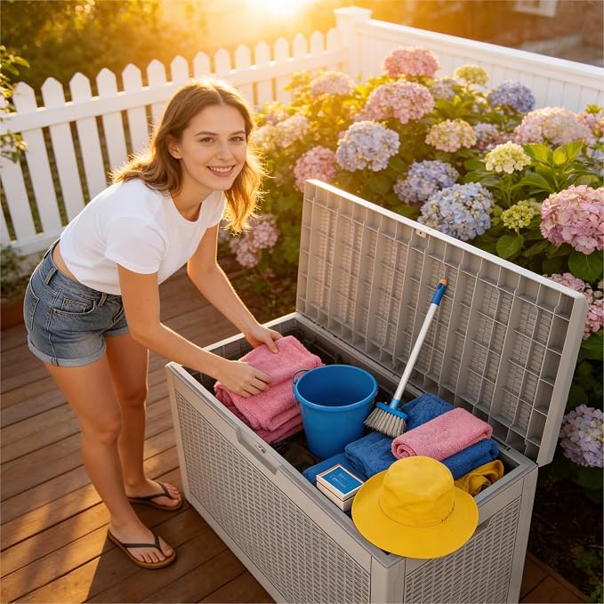 66 Gallon Outdoor Deck Box - Lockable Waterproof Storage Container, Resin Weatherproof Box for Patio Garden Furniture Pool Tools Cushions, Grey Bench