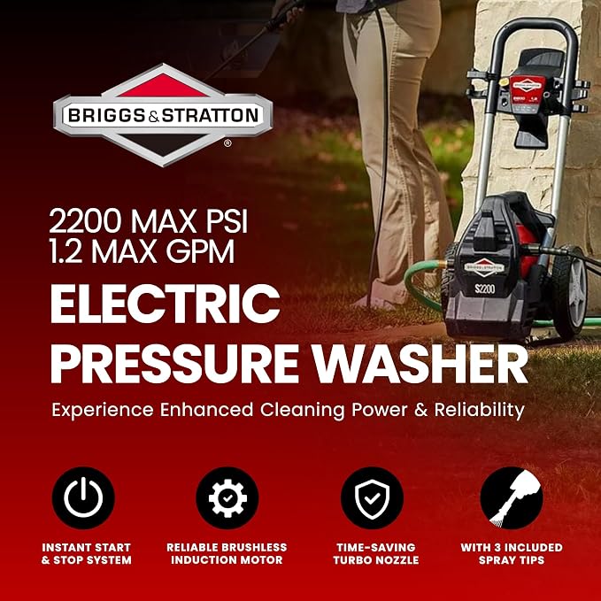 Briggs & Stratton 2200 Max PSI/1.2 Max GPM Electric Pressure Washer with 25 ft. Hose, 4 Spray Nozzles, Instant Start/Stop System and 9 Inch Wheels