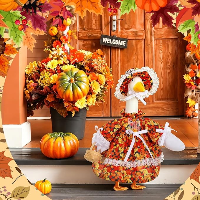 FuWeave Fall Porch Goose Outfit Maple Goose Costume Fancy Porch Geese Clothes with Wide Hat for 23" 17" Outdoor Patio