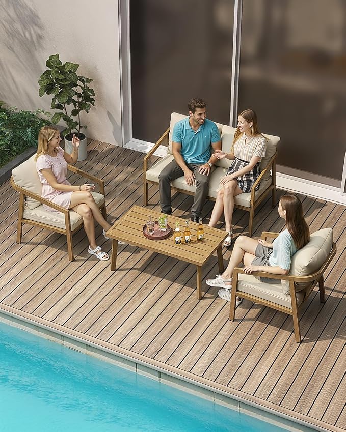 Teak Outdoor Patio Loveseat, Never-Rust Aluminum Outdoor Loveseat Couch with Thick Cushions, Modern 2-Seater Patio Sofa Bench, Outdoor Sofa Loveseat Furniture for Deck, Poolside