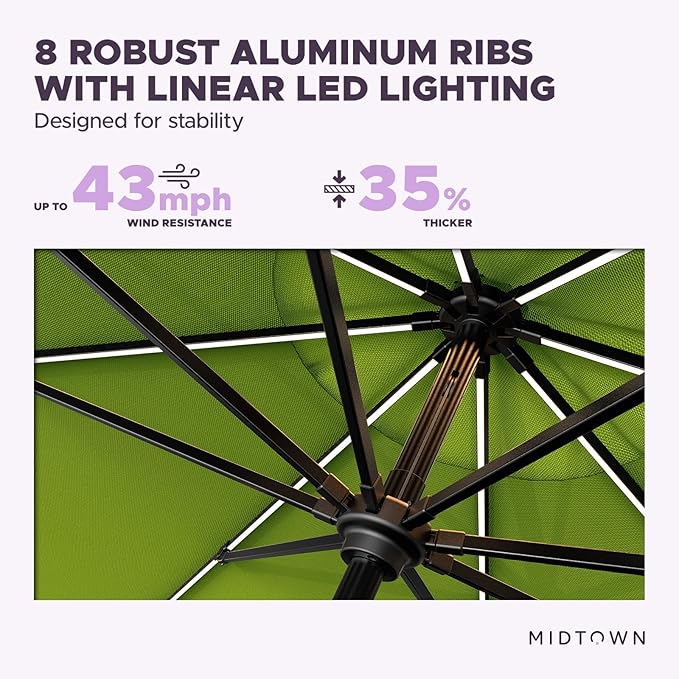 Midtown Umbrellas The LED Swilt 10 Feet Patio Umbrella With Terylast Pear (Green) Polyester Fabric - Auto-Tilt Aluminum Frame With LED Lights For Backyard, Deck, Garden, Pool - Black Pole