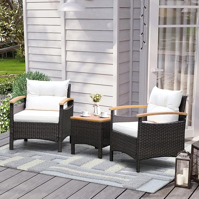 KOTEK 3 Piece Patio Furniture Set, Outdoor Conversation Set with Removable Cushions, Acacia Wood Tabletop and Armrests, PE Rattan Wicker Bistro Set for Porch, Balcony, Backyard (White), Onesize