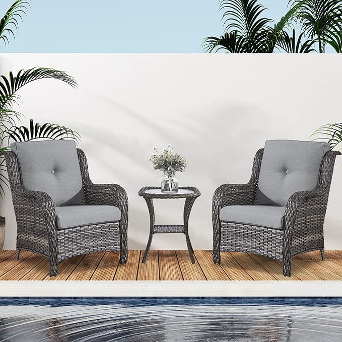 Belord Patio Chairs Outdoor Furniture Set, 3 Peices Porch Wicker Furniture with Side Table, Deep Seating Patio Bistro Chair Sets (Grey Cushion)