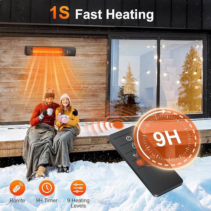 Outdoor Heater, 1s Heating Electric Patio Heater with Remote, 9 Heat Levels, 9H Timers, Overheating Protection, Waterproof, Carbon Infrared Heaters for Restaurant, Garage, Deck, Backyard, Black