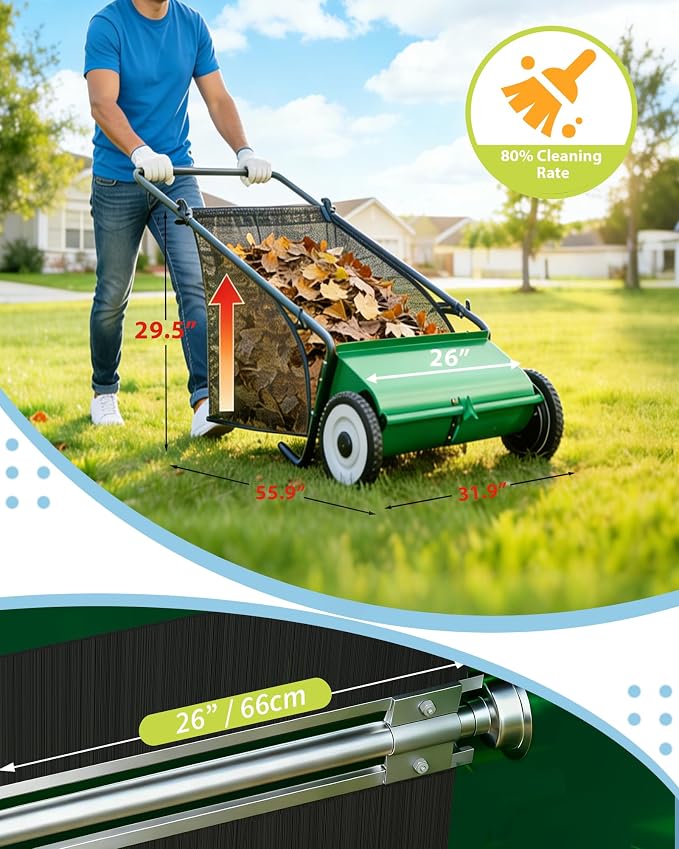 GarveeLife Push Lawn Sweeper, 26 Inch Extra-Wide 4-Brush System, 7 cu.ft. Mesh Bag, Heavy Duty Steel Frame, Height-Adjustable Yard & Garden Cleaner for Leaves and Grass