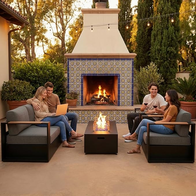 LayinSun 5 Pieces Aluminum Patio Furniture Set with Fire Pit Table, Oversized Outdoor Conversation Set 7 Seats with 6" Thick Cushions for Outside Porch, Balcony, Deck
