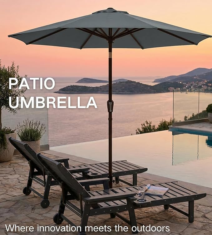 PatioKingdom 9FT Patio Outdoor Umbrella-UPF 50+ Sun Shade with Wind Vent, Push-Button Tilt & Smooth Crank Lift, Rust-Resistant Fiberglass Frame for Garden, Backyard,Yard (Gray)