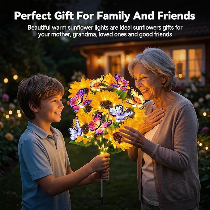 Solar Garden Lights Outdoor, 3 Pack Sunflower Solar Lights with Butterflies, Waterproof Solar Flower Lights For Yard Patio Garden Decor, Auto On/Off Solar Flowers Decorative, Gifts For Mom Women