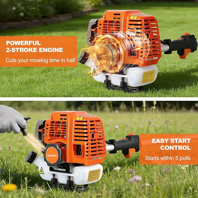 2025 Upgraded 5 in 1 Gas Multi Functional Trimming Tools, 52CC 2 Stroke Gas Weed Eater, Weed Wacker Gas Powered, 9500rpm High Power Gas String Trimmer, Brush Cutter for Garden, Yard, Home Orange