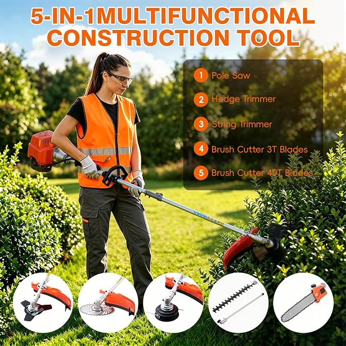 5-in-1 Gas Lawn Mower & Brush Cutter | 52CC 2-Cycle Cordless Trimmer with 43'' Extendable Pole | 2.3KW Weed Wacker, Chainsaw, Edger for Home Yard & Garden Maintenance Orange