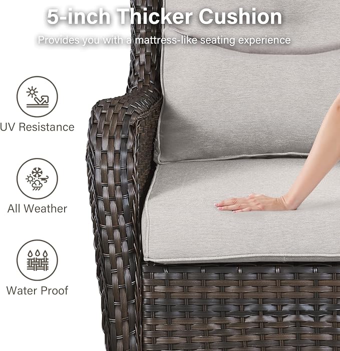 Outdoor Swivel Rocker Patio Chairs Set of 4 with Fire Table - 5" Thick Cushion 5 Piece Furniture Set with Fire Pit Table All Weather Wicker Conversation Set for Porch Deck - Brown/Beige