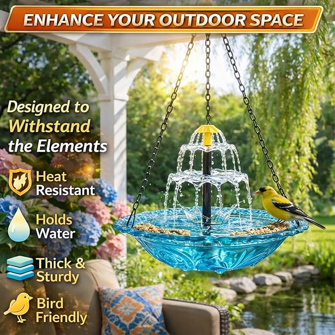 2026 New Solar Cascade Hanging Bird Bath Fountain, Outdoor Hanging Bird Bath with Solar Fountain, Large Humming Birds Baths Fountains, with Solars Pump & Glass Bowl, for Outdoor, Gardens