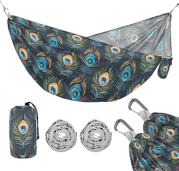 Camping Hammock Outdoor Hammocks for Outside Peacock Feather Dark Beach Trees Portable Lightweight with Pockets Tree Straps Indoor