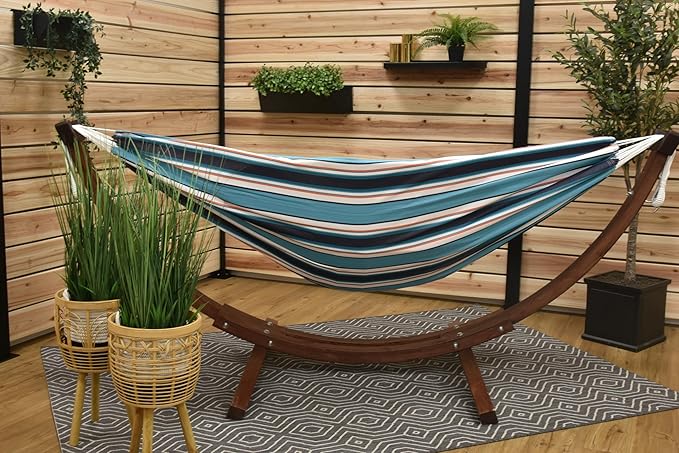 Vivere Double Cotton Hammock with Solid Pine Arc Stand - 450 lb Capacity, Durable FSC Wood Frame, Includes Hardware & User Guide - 450 lb Weight Capacity (Token Surfside)