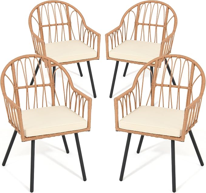 YITAHOME 4 Pieces Rattan Wicker Dinning Chairs, Outdoor Indoor Patio Furniture Set with Cushion and Curved Back All Weather Bistro Chair for Garden Backyard Porch Poolside Restaurant (Beige)