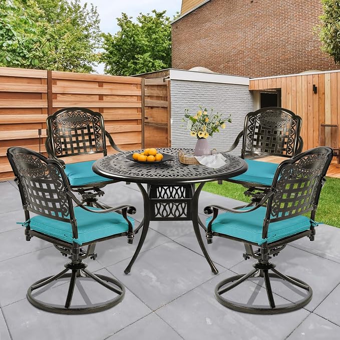 5 Piece Patio Dining Set, Outdoor Table and Chairs Set for 4 Cushioned Swivel Rocking Chairs and 35.4'' Round Table, All-Weather Cast Aluminum Patio Funiture Set, 2'' Umbrella Hole, Blue