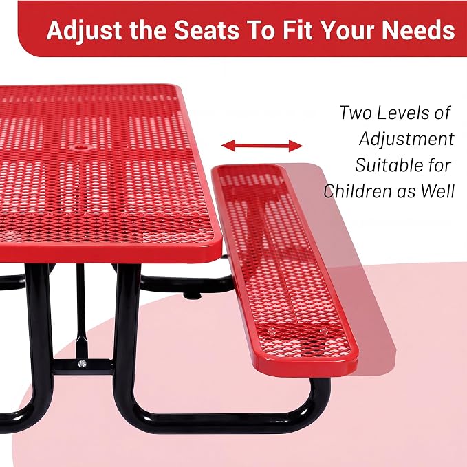 72" Rectangular Metal Picnic Table for 4-8 Person, Durable Heavy Duty Commercial Picnic Table with Umbrella Hole for Outdoor Coffee Shop, School, Hospital, Easy to Install, Red