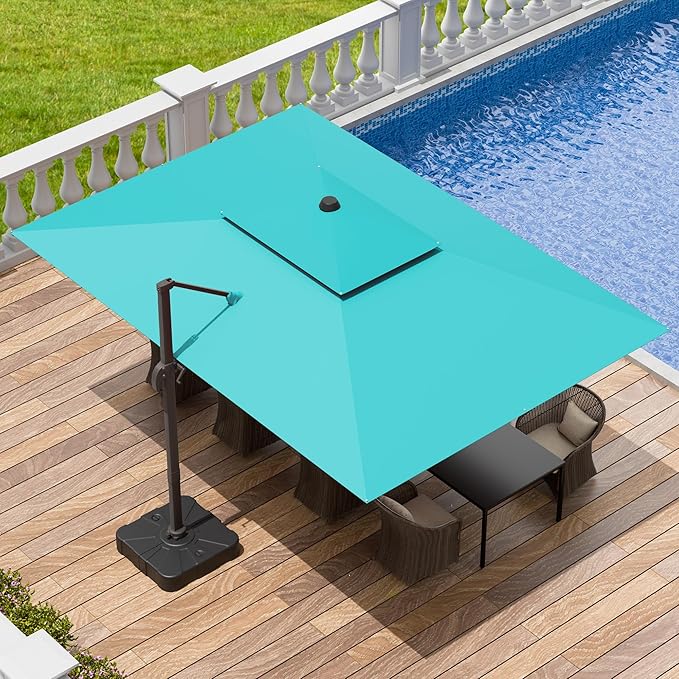 9x12 FT Patio Umbrella with base, Large Cantilever Rectangular Double Top Heavy Duty Offset Umbrellas with 360° Rotation, Outdoor shade for Garden Deck Pool, Turquoise