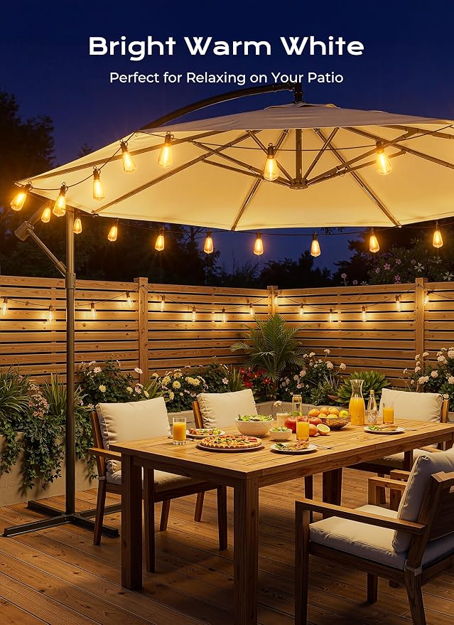 Brightown 58FT Solar String Lights Outdoor Waterproof, 26Hrs Runtime | 25+1 LED Bulbs, USB & Solar Powered, Remote Control & Dimmable Timer, Ideal for Backyard, Garden, Camping & Party Decor
