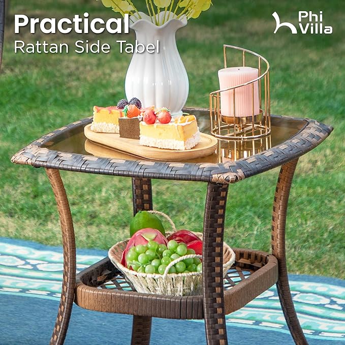PHI VILLA Oversized Outdoor Wicker Patio Furniture Set 3 Piece, 2 Rattan Swivel Rocker Patio Chairs Large Oversized Deep Seating Group with Navy Blue Cushions & Side Table