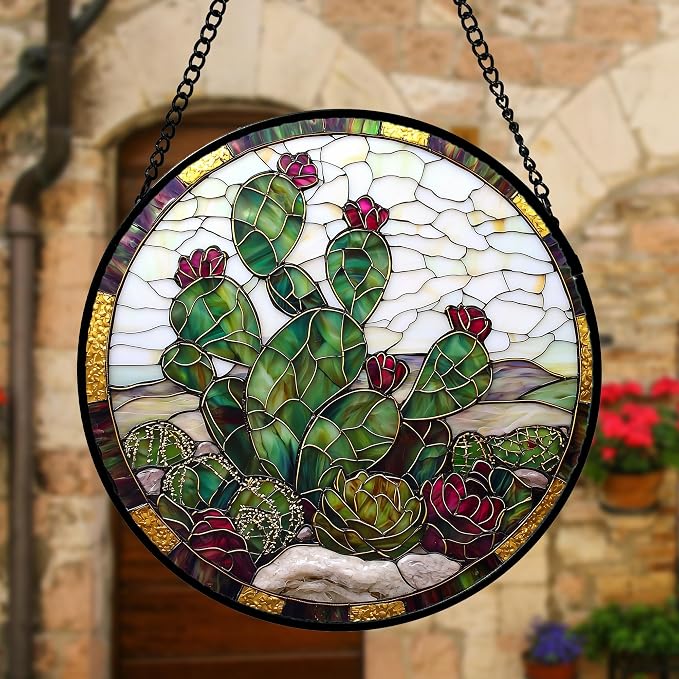 DASTOLL Stained Glass Window Hanging,Green Cactus Purple Flowers Suncatcher Diamond Glass Panel Sun Catchers Decor for Birthday for Women, Men, Wife, Aunt, and Mom 11.8x11.8 in