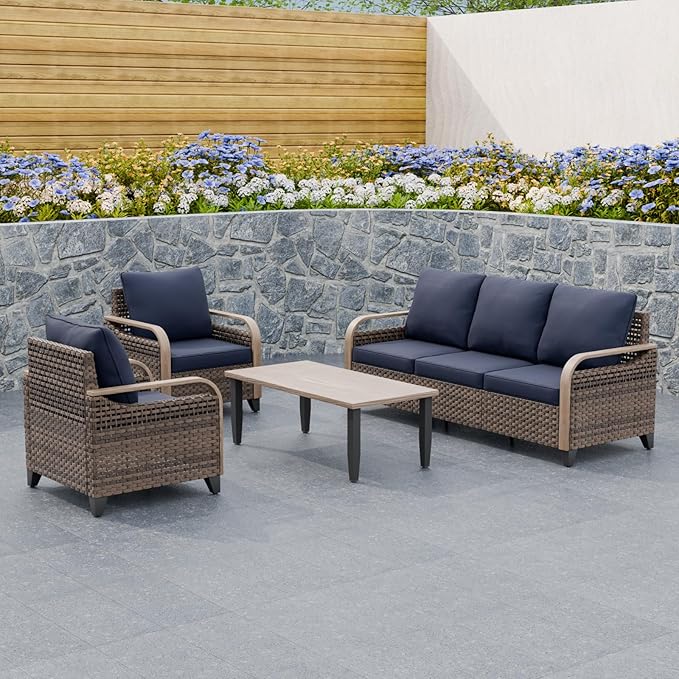 Modern Wicker Patio Furniture Set, Rattan Outdoor Conversation Set with Comfortable Cushions, 2 Patio Chairs, 3 Seat Couch and Coffee Table, 4 Pieces, Brown/Blue