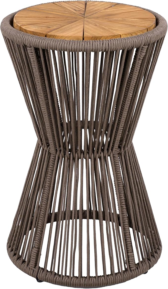 Merax 2 Pieces Round Outdoor Side Table Set, Bohemian Patio Side Tables with Acacia Wood Top and Dark Grey Handwoven Rope Base for Garden, Yard, Elegant Hourglass Design, No Assembly, 25.8" Height