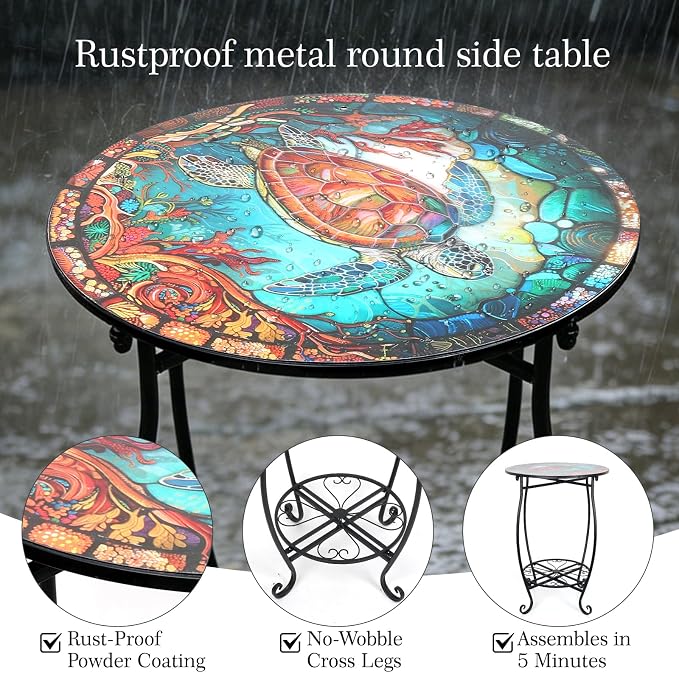 2-Tier Round Metal Side Table with Hanging Hook, Anti-Rust Weather Resistant Iron Accent Side Table for Living Room Bedroom Patio Balcony Indoor Outdoor Small Space, Easy Assemble, 25 Inch Tall