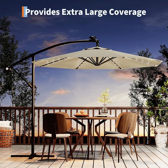 Garvee 10FT Solar Lights Offset Patio Umbrella with Cross Base, Cantilever Umbrella with Easy Lift & Tilt Adjustment, 8 Ribs Sun umbrella UV Protection for Backyard, Pool, Garden, Beige