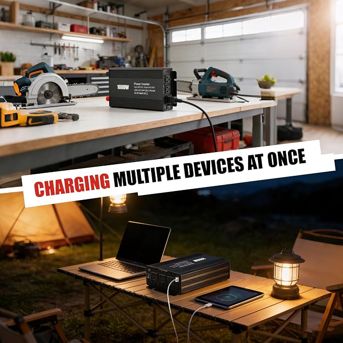 1000W Power Inverter for Vehicles,DC 12V to AC 110V Charger with USB-A Fast 24W&Type-C PD24W and Battery Inverters Cables,Converters for Home,Camping